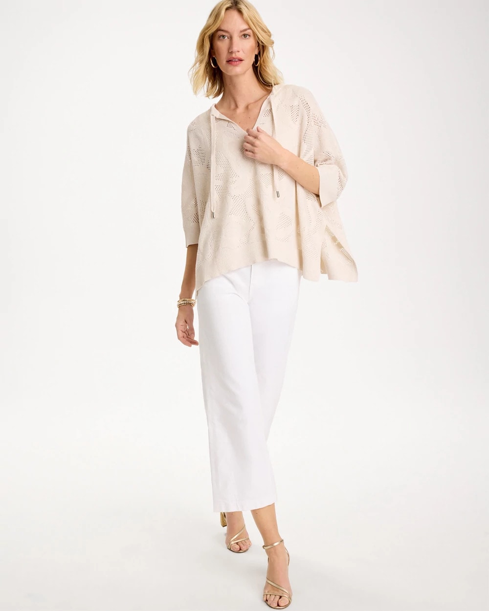 Chico's Online Ecru Crochet Lace Notch Neck Poncho