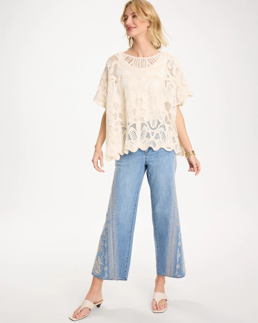 Chico's Discount Ecru Woven Cotton-Blend Crochet Lace Poncho