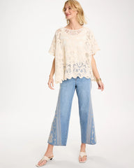 Chico's Discount Ecru Woven Cotton-Blend Crochet Lace Poncho