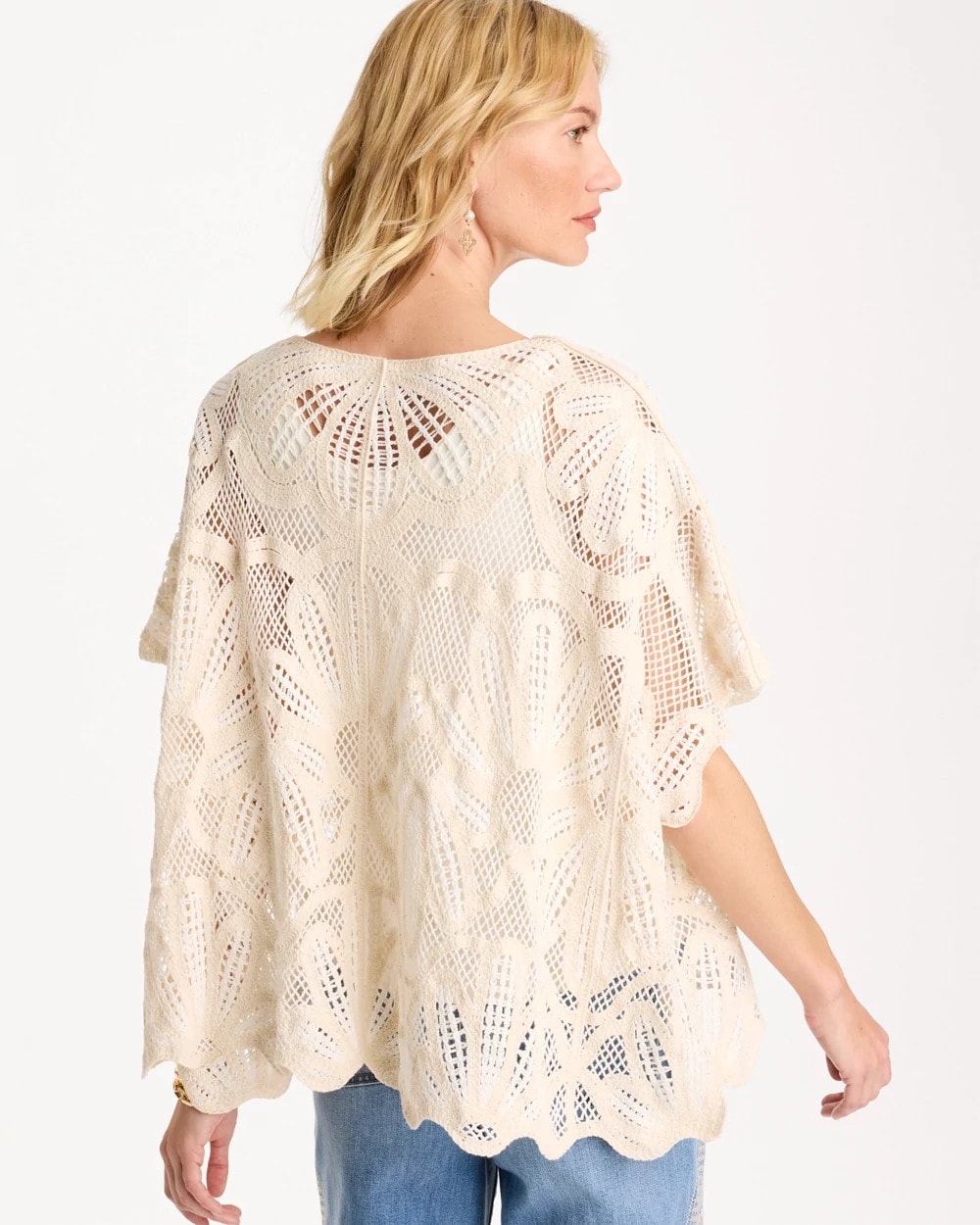 Chico's Discount Ecru Woven Cotton-Blend Crochet Lace Poncho