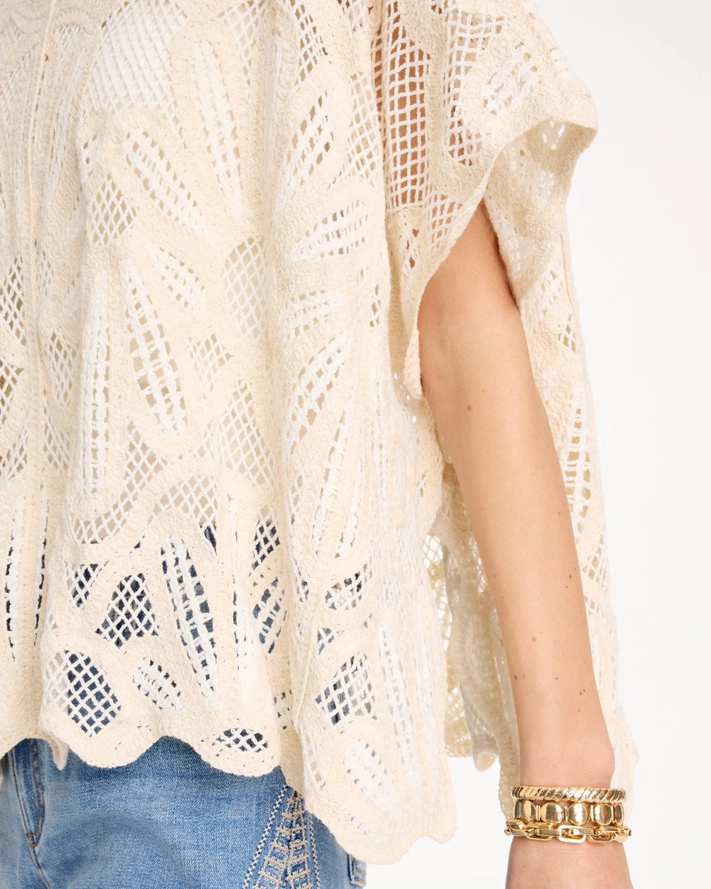 Chico's Discount Ecru Woven Cotton-Blend Crochet Lace Poncho