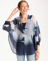 Chico's Outlet Passport Blue Woven Printed Cocoon Ruana