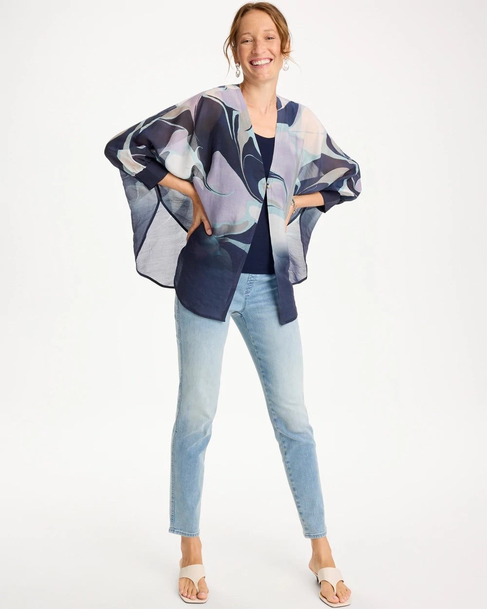 Chico's Outlet Passport Blue Woven Printed Cocoon Ruana
