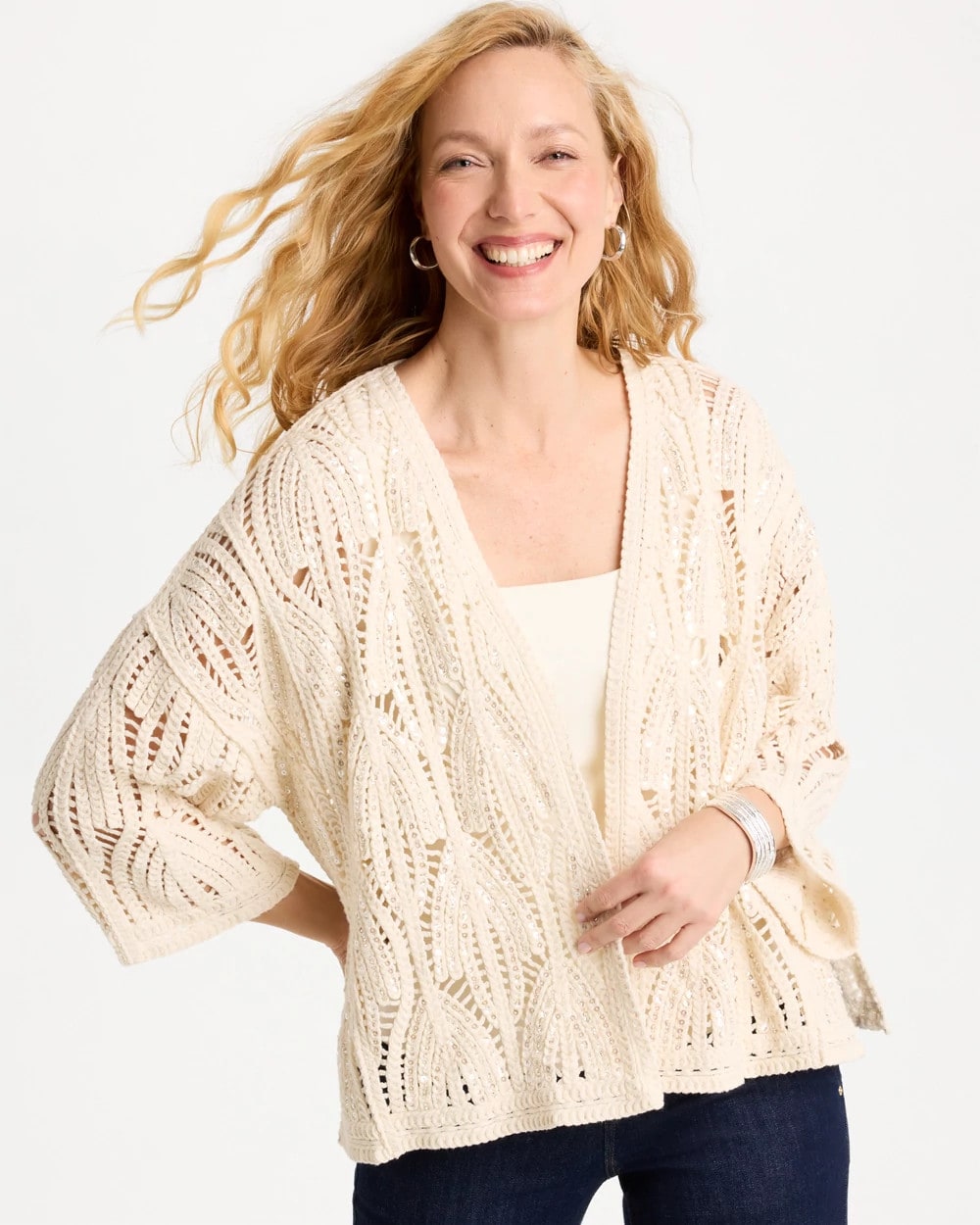 Chico's Discount Neutral Cotton Crochet Kimono