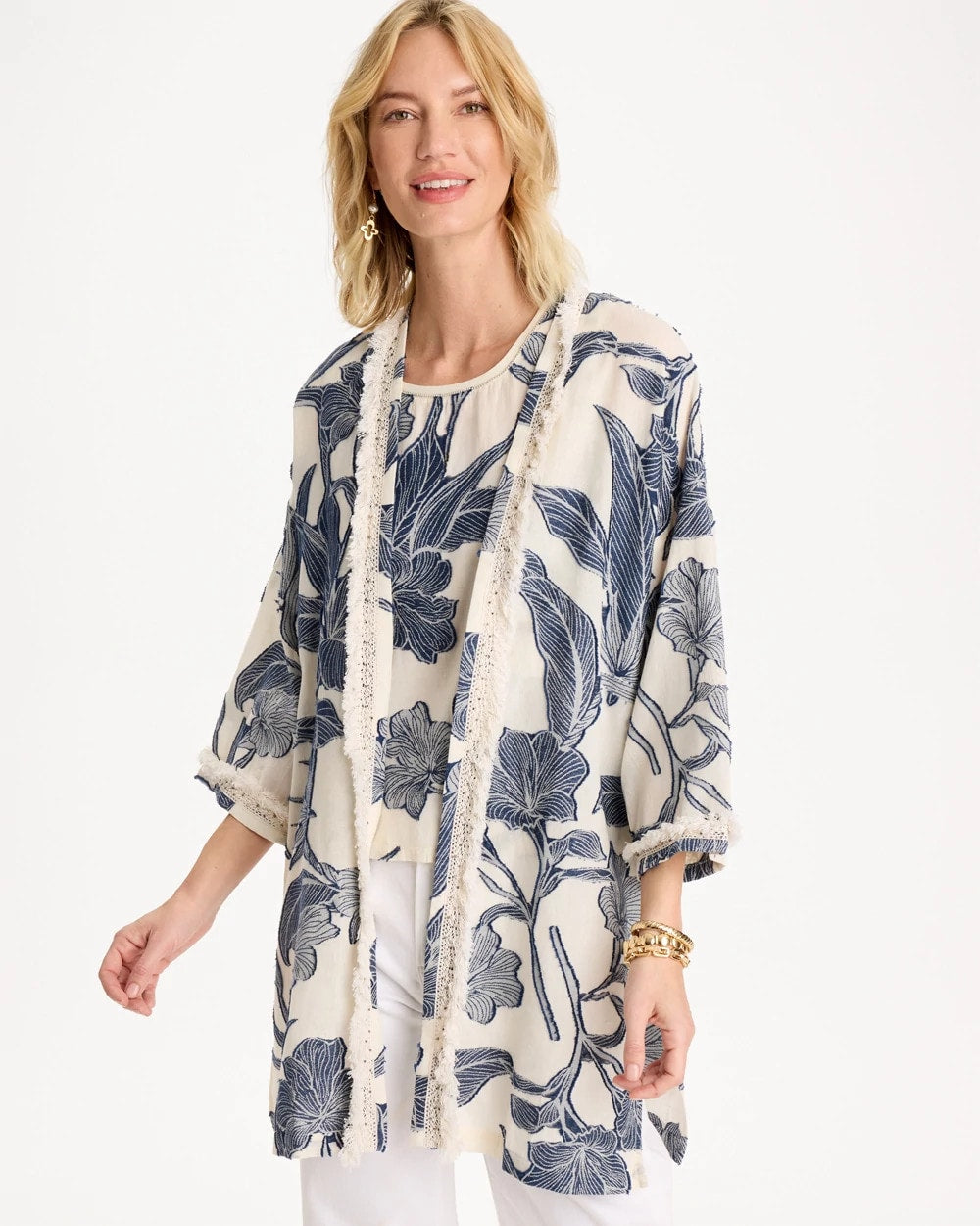 Chico's Outlet Blue Cotton Jacquard Fringed Kimono