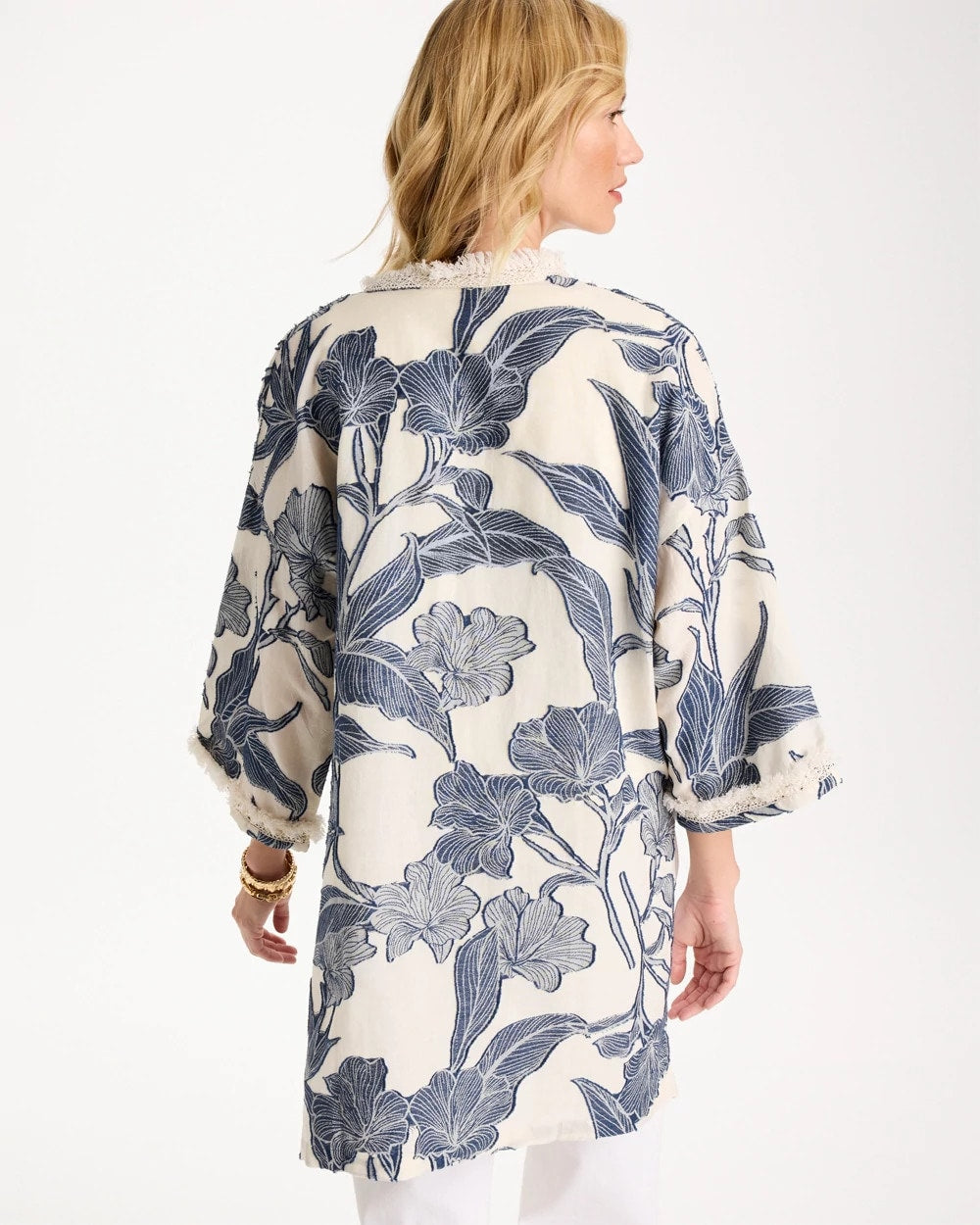 Chico's Outlet Blue Cotton Jacquard Fringed Kimono