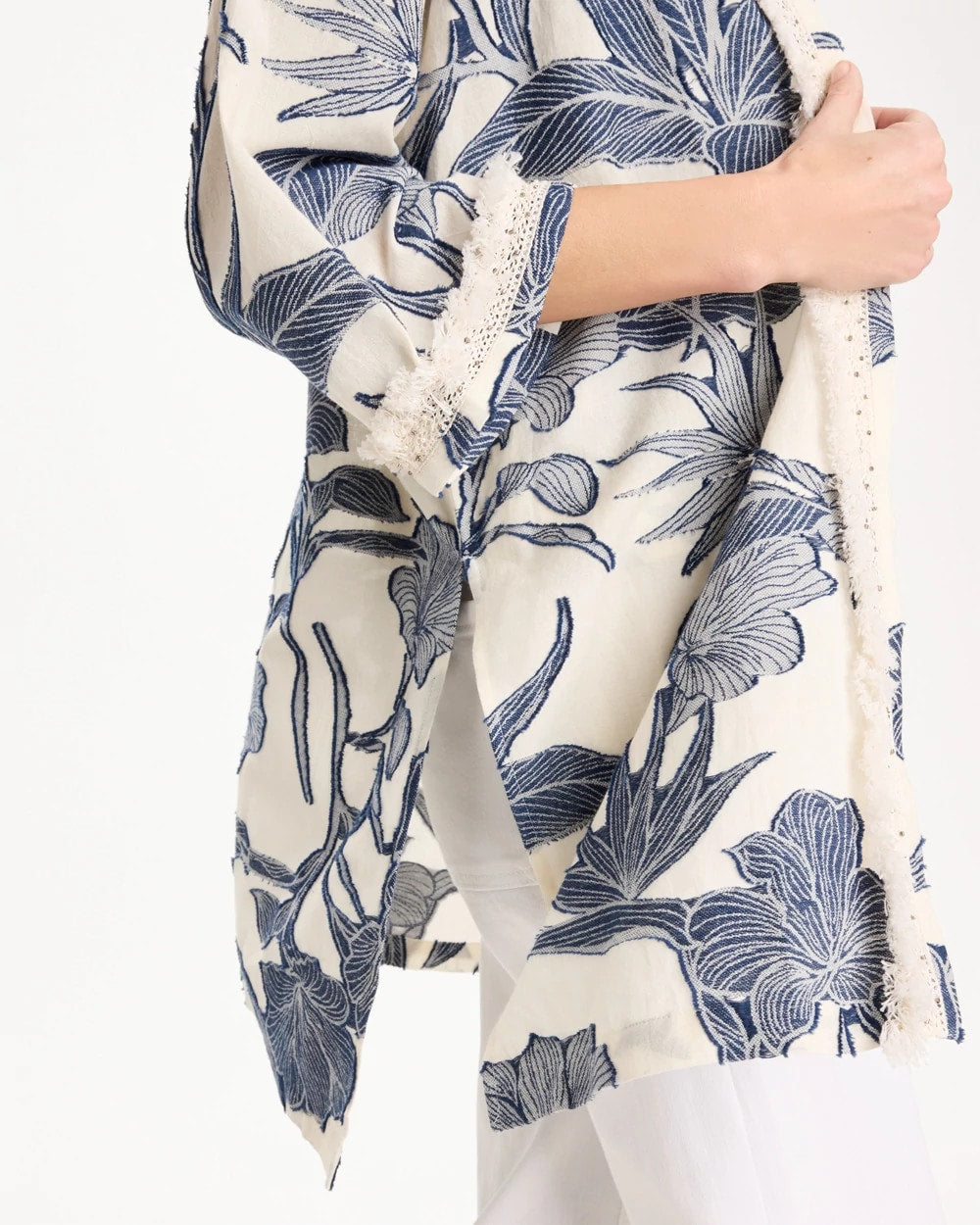 Chico's Outlet Blue Cotton Jacquard Fringed Kimono