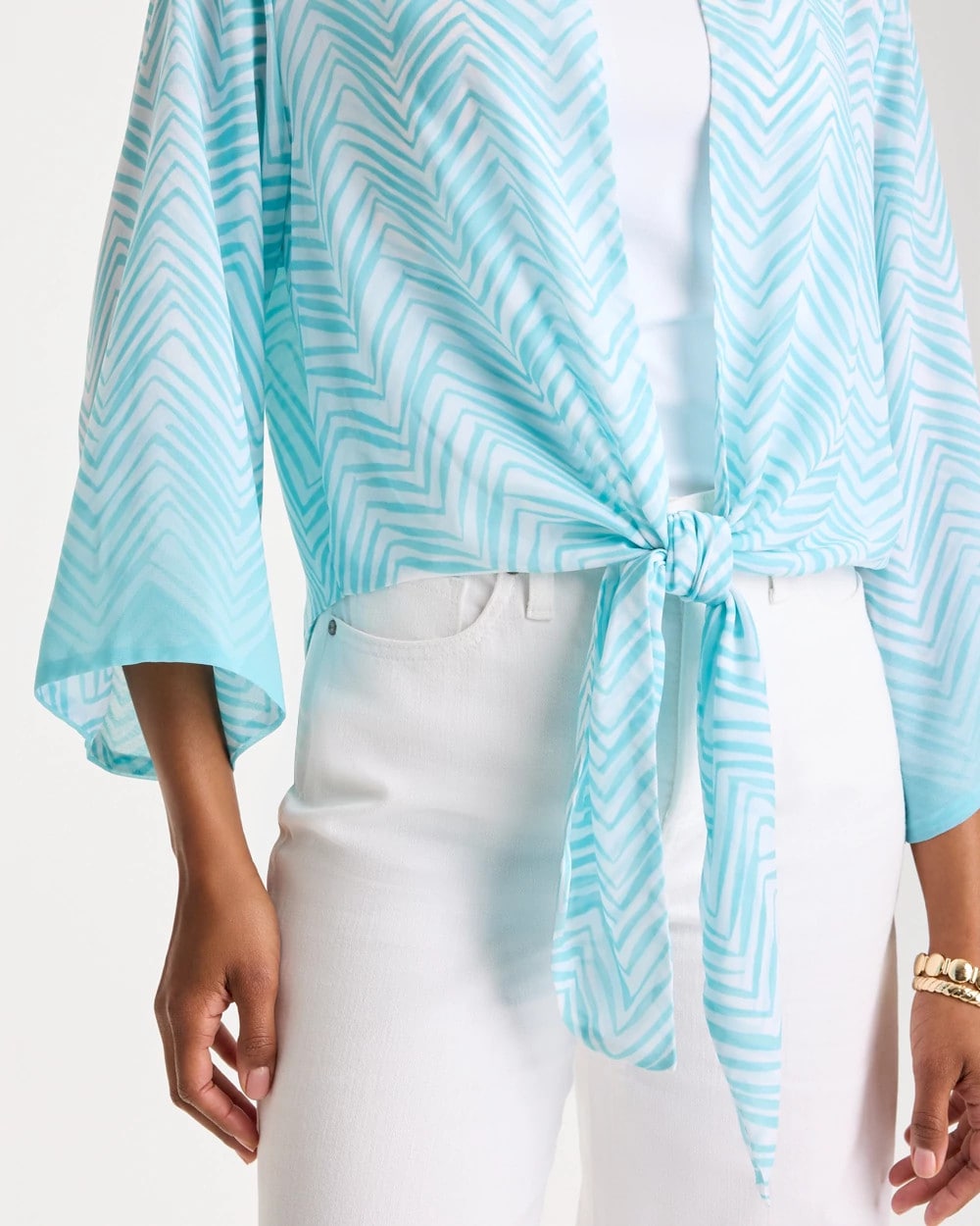 Chico's On Sale Bondi Blue Georgette Tie-Front Chevron Kimono