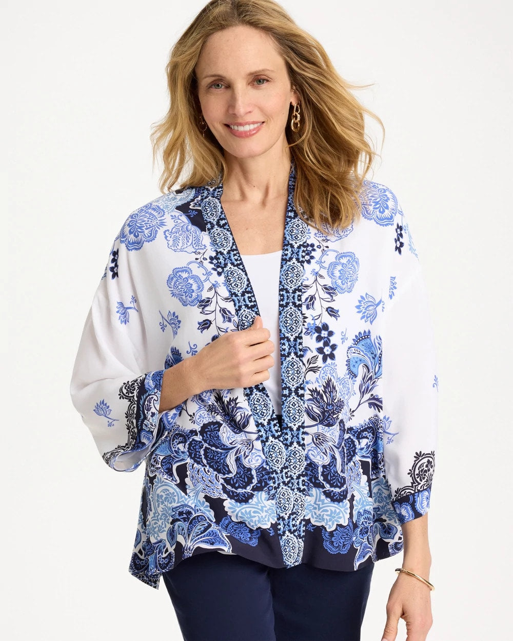 Chico's Outlet Alabaster Woven Faux Silk Printed Kimono