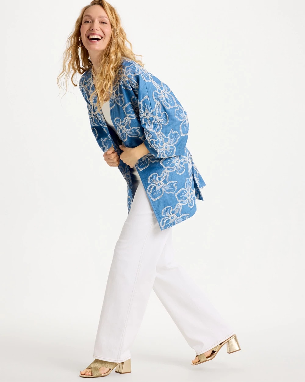 Chico's On Sale Denim Woven Embroidered Belted Kimono