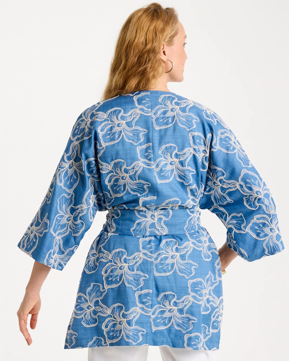 Chico's On Sale Denim Woven Embroidered Belted Kimono
