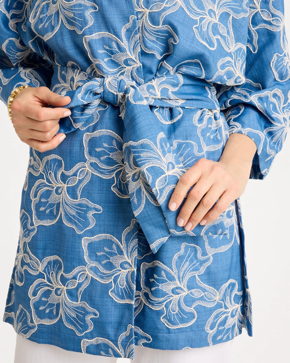 Chico's On Sale Denim Woven Embroidered Belted Kimono