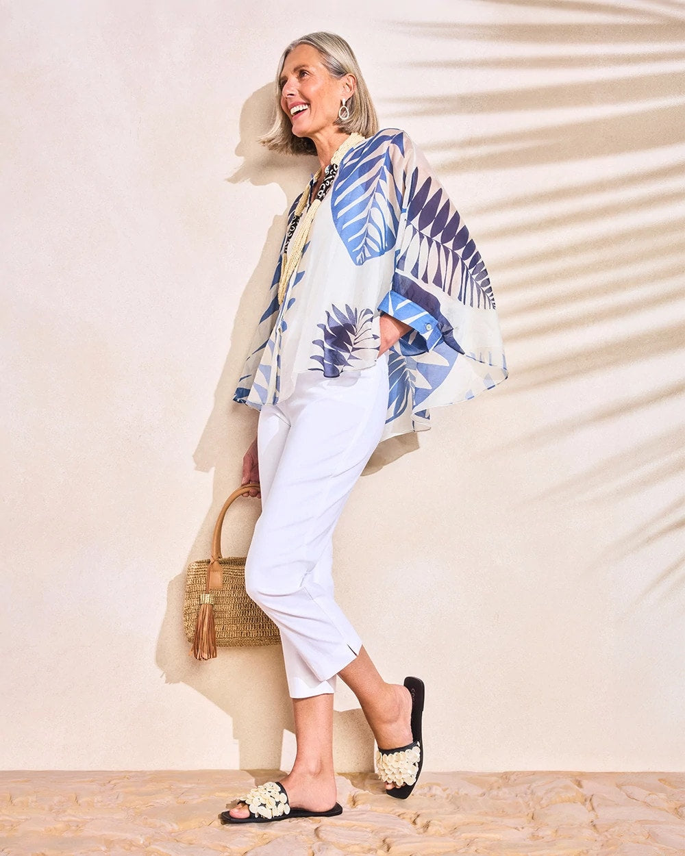 Chico's Sale Passport Blue Palm Frond Short Poncho