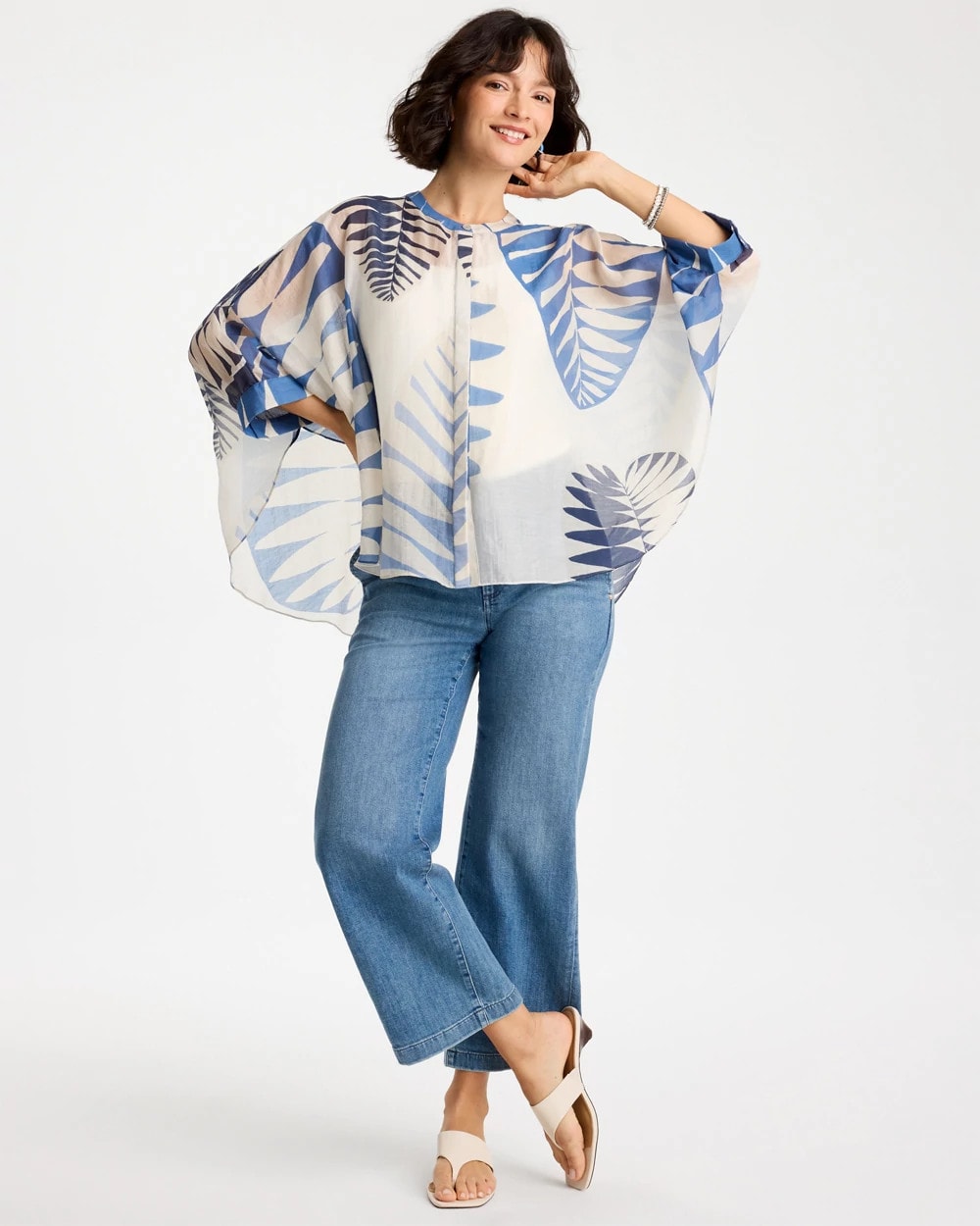 Chico's Sale Passport Blue Palm Frond Short Poncho