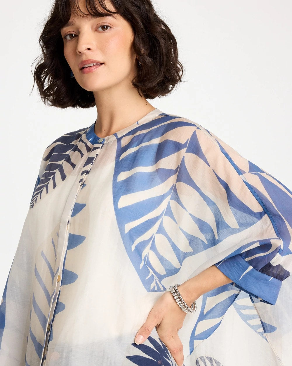 Chico's Sale Passport Blue Palm Frond Short Poncho