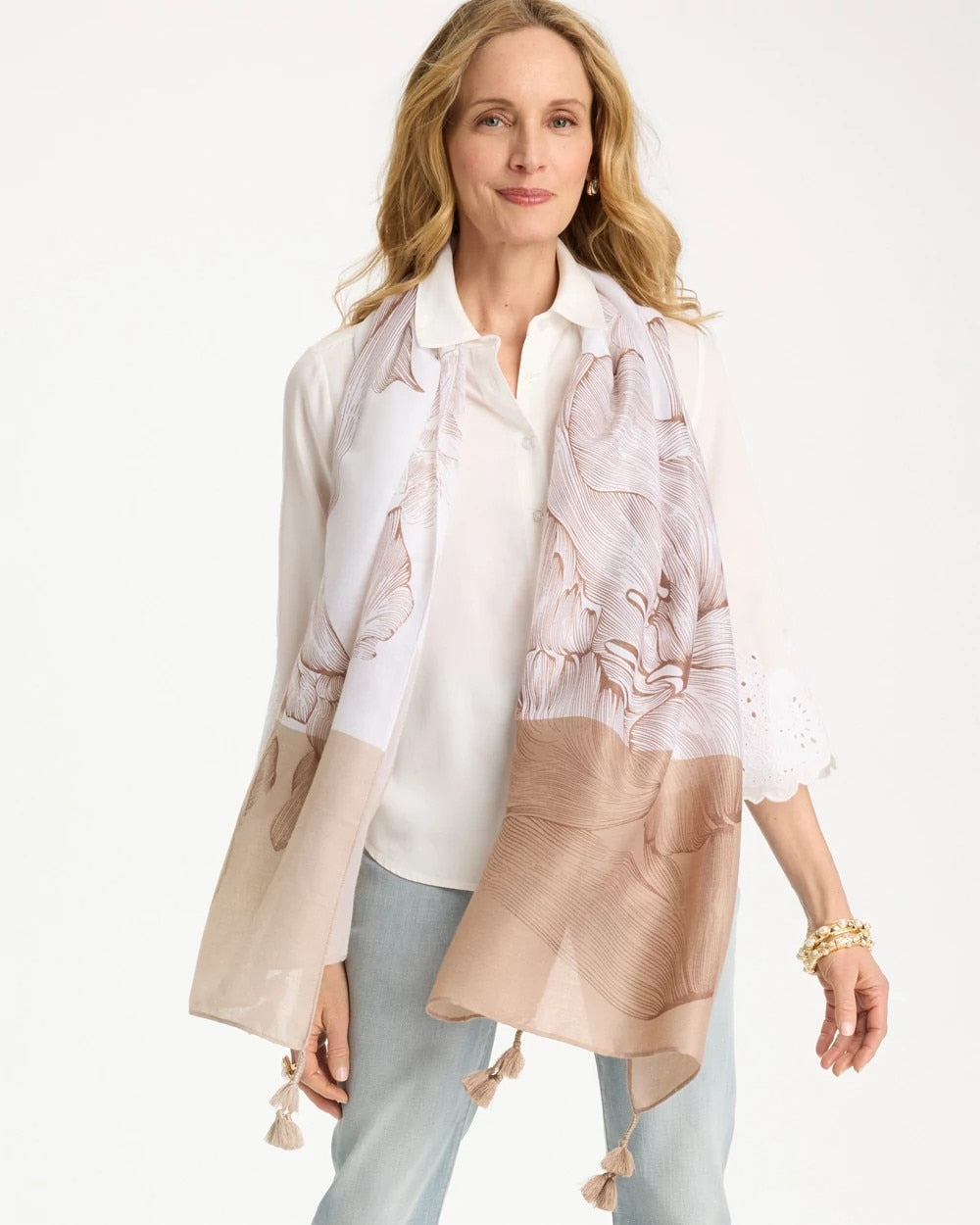 Chico's Outlet Neutral Neutral Floral Tassel Oblong Scarf