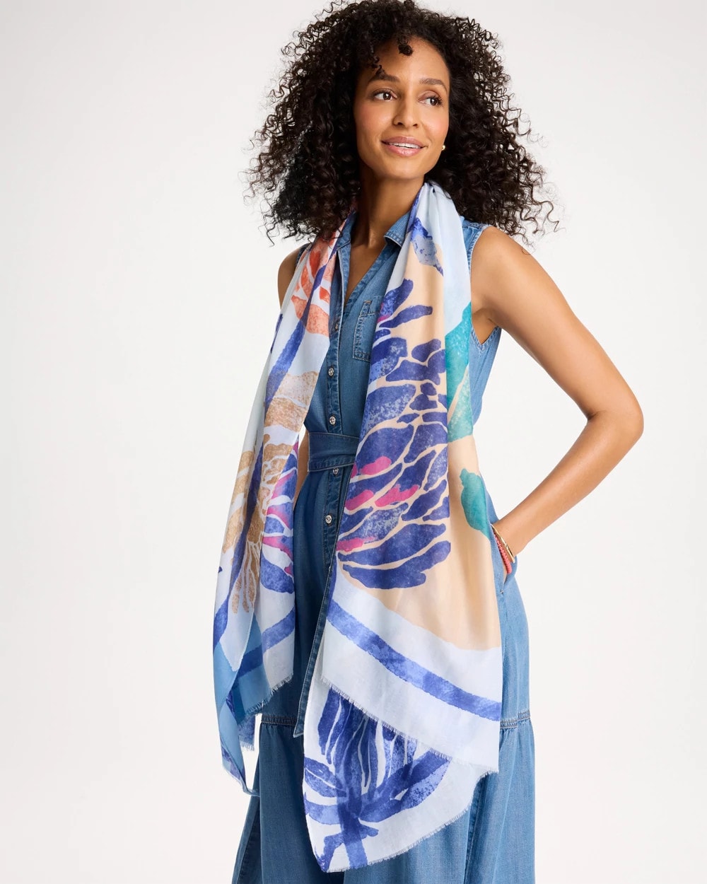Chico's Outlet Blue Coral Motif Oblong Scarf