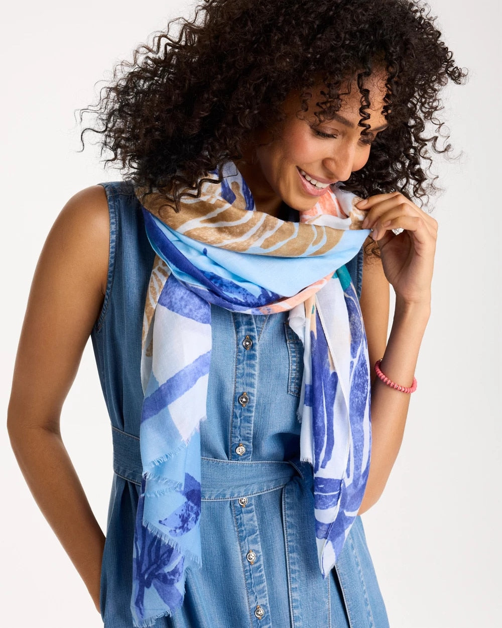 Chico's Outlet Blue Coral Motif Oblong Scarf