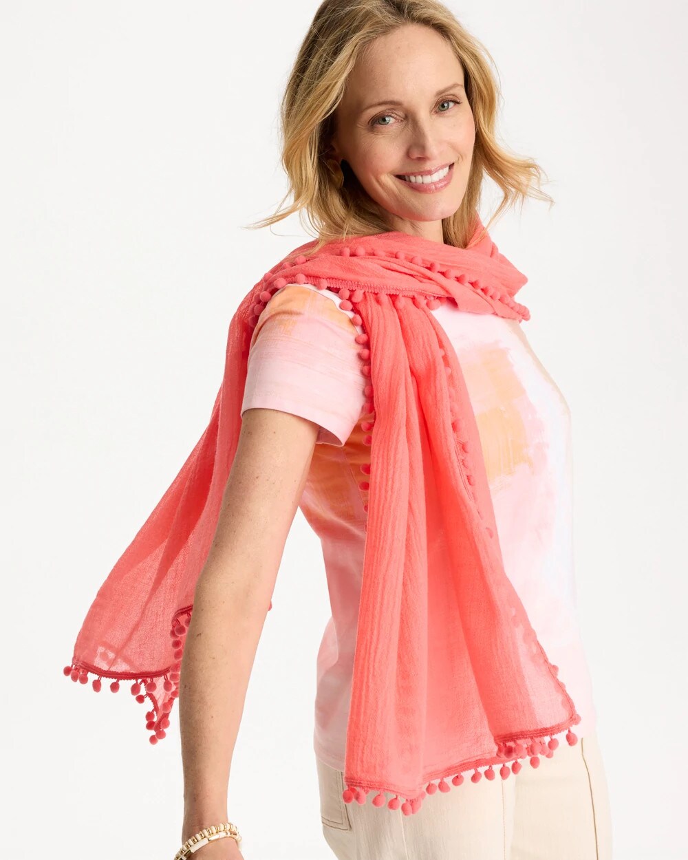 Chico's On Sale Calypso Coral Pom Pom Oblong Scarf