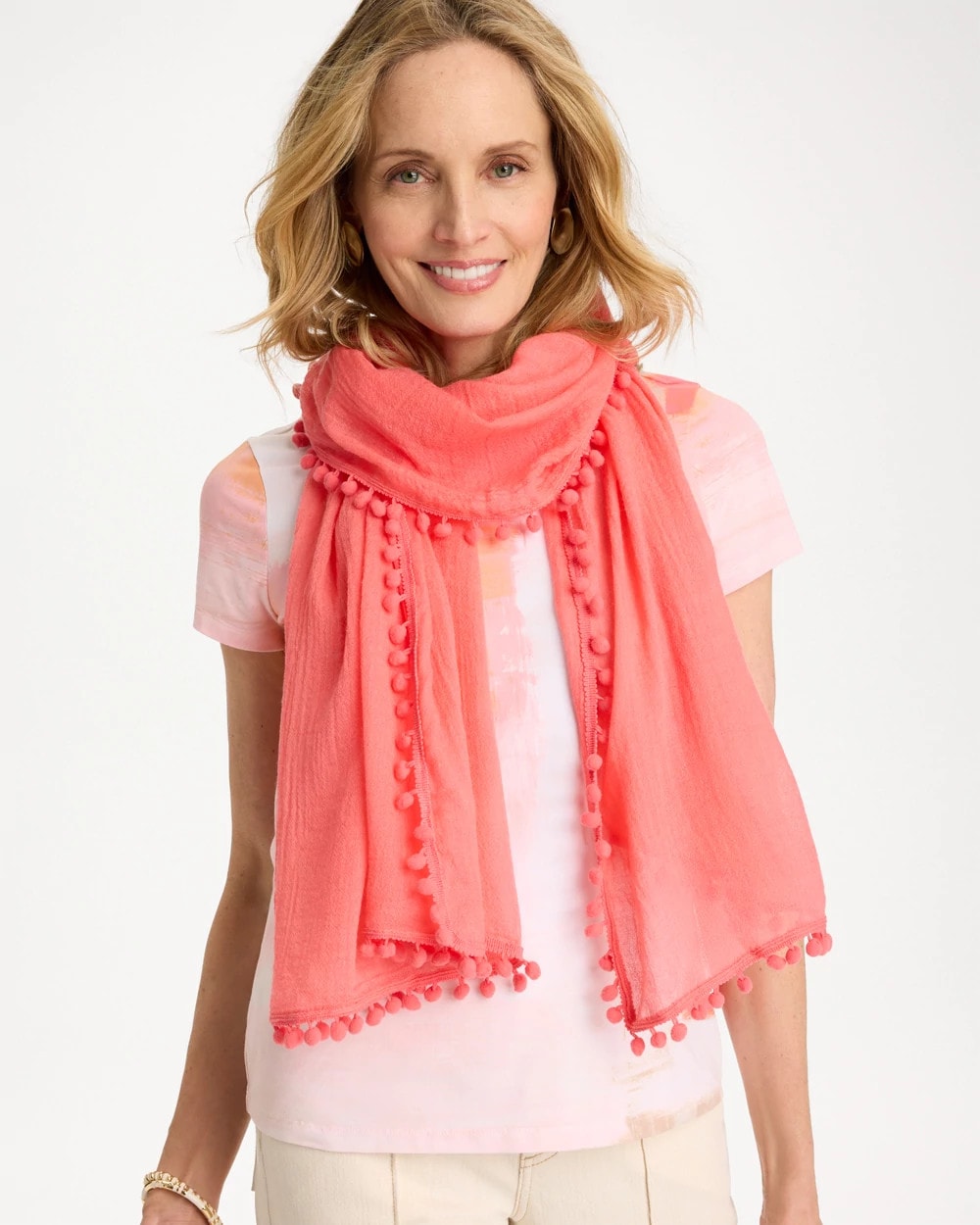 Chico's On Sale Calypso Coral Pom Pom Oblong Scarf