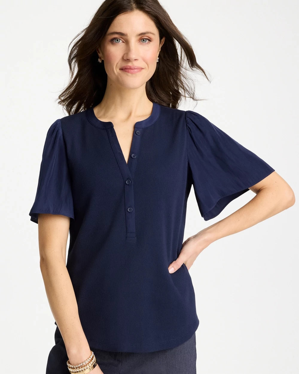 Chico's Discount Passport Blue Rib Knit Woven Flutter Sleeve Tee