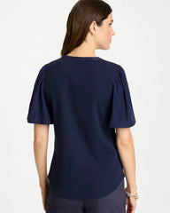 Chico's Discount Passport Blue Rib Knit Woven Flutter Sleeve Tee