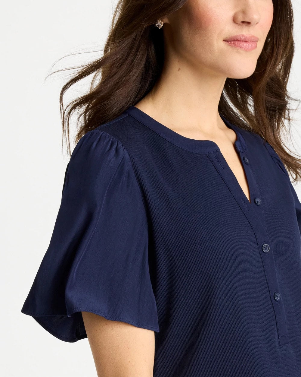 Chico's Discount Passport Blue Rib Knit Woven Flutter Sleeve Tee