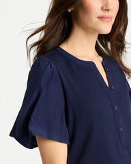 Chico's Discount Passport Blue Rib Knit Woven Flutter Sleeve Tee