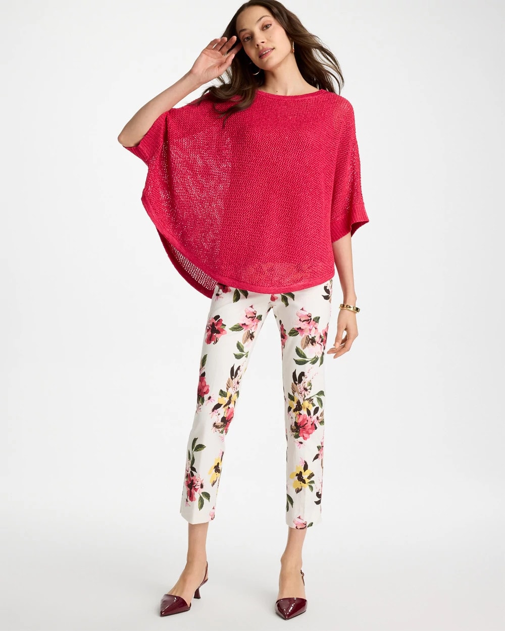Chico's Sale Hot Honeysuckle Sequin Boatneck Rounded Hem Poncho