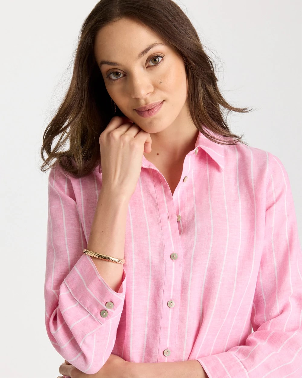 Chico's Sale Pink Pansy No Iron™ Linen Striped Shirt