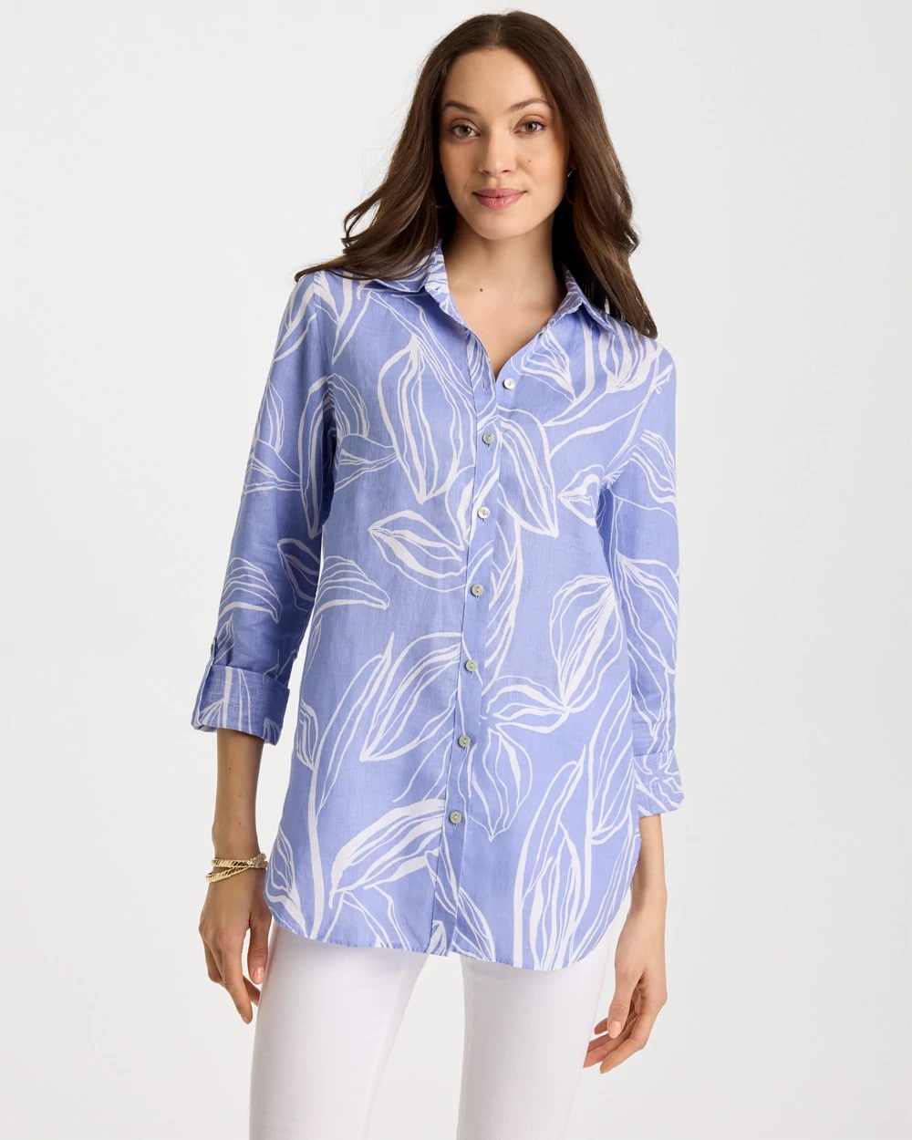Chico's For Sale Blue Orchid No Iron™ Printed Linen Tunic