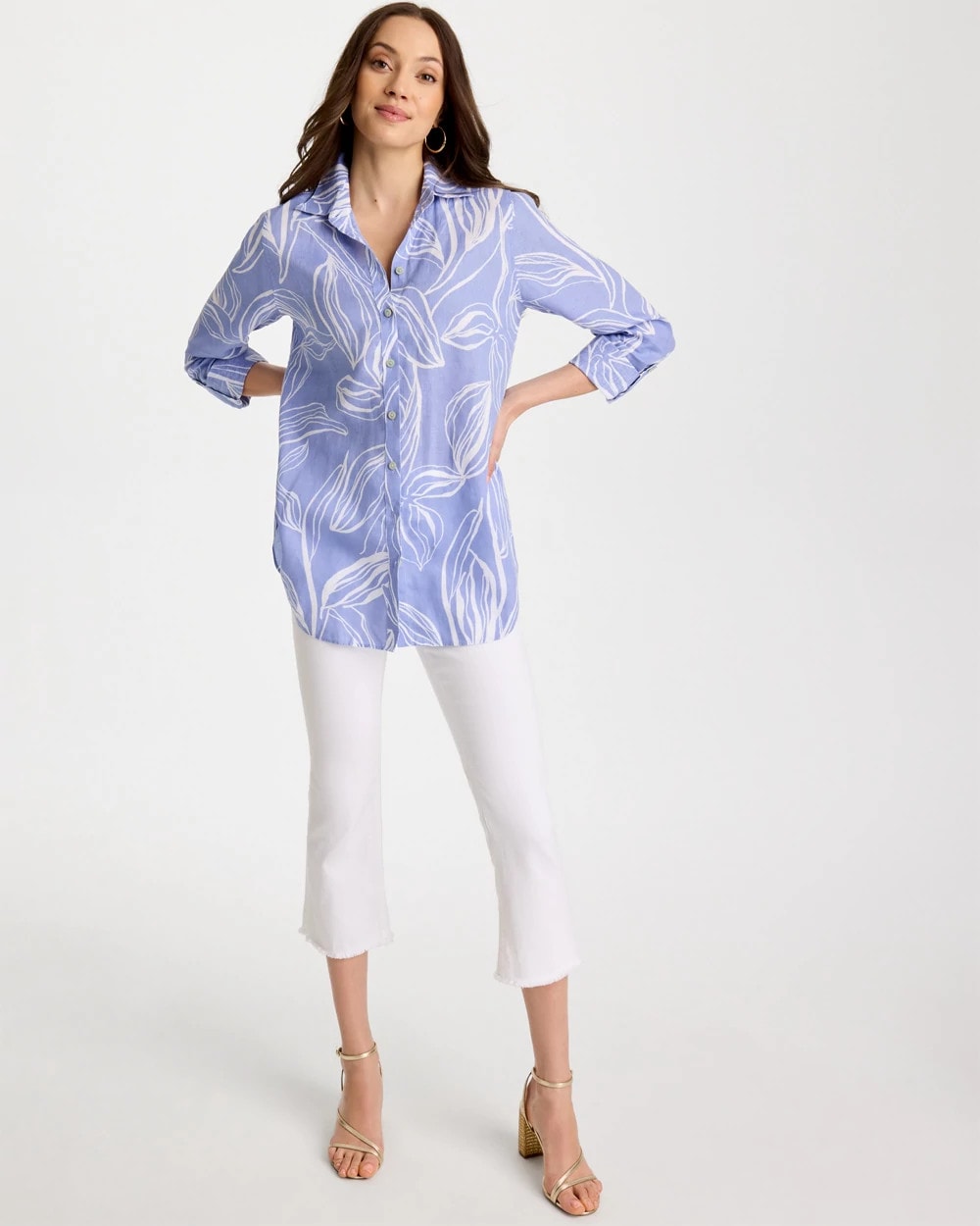 Chico's For Sale Blue Orchid No Iron™ Printed Linen Tunic