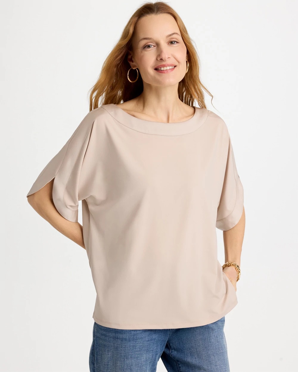 Chico's Discount Smokey Taupe Jersey & Satin Dolman Tee
