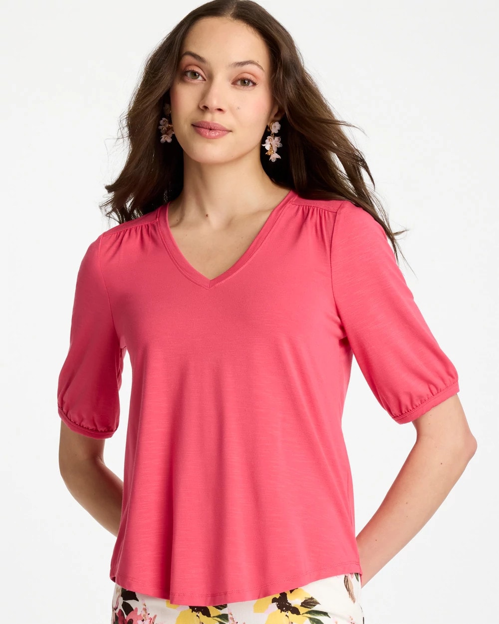Chico's Sale Hot Honeysuckle Shirred Elbow Sleeve Tee