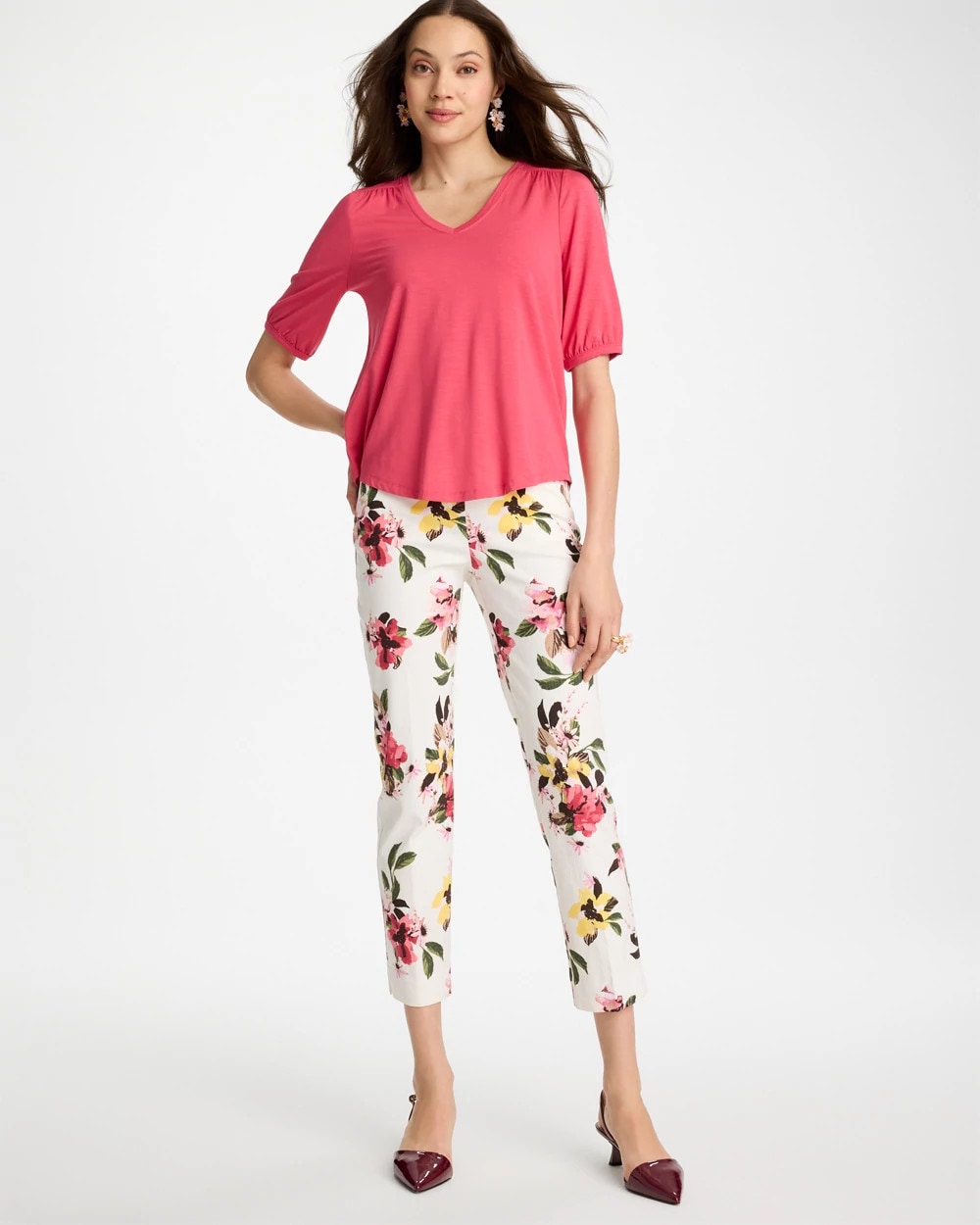 Chico's Sale Hot Honeysuckle Shirred Elbow Sleeve Tee