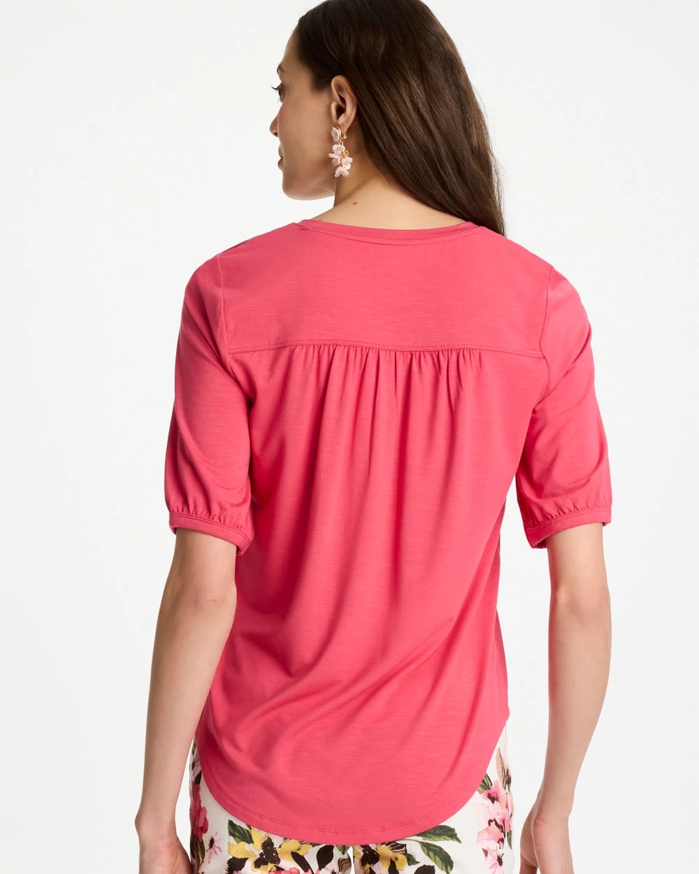 Chico's Sale Hot Honeysuckle Shirred Elbow Sleeve Tee