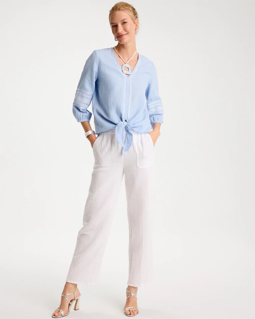 Chico's Outlet Blue Haven Cotton Gauze Tie-Front Blouse
