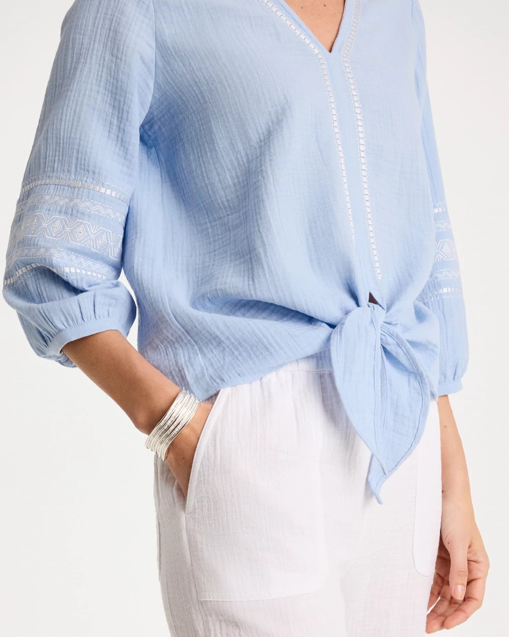 Chico's Outlet Blue Haven Cotton Gauze Tie-Front Blouse