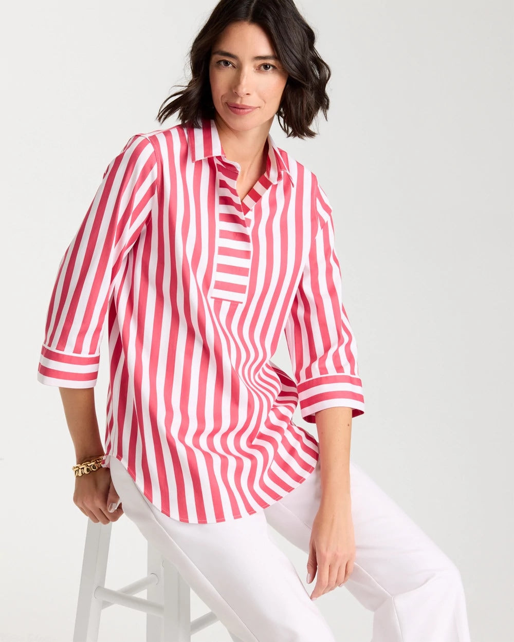 Chico's For Sale Hot Honeysuckle No Iron™ Striped Stretch Tunic