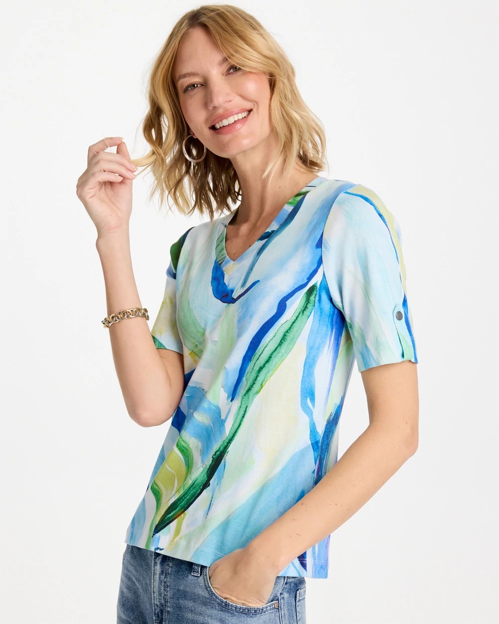 Chico's Sale Amparo Blue Printed Pima V-Neck Tee