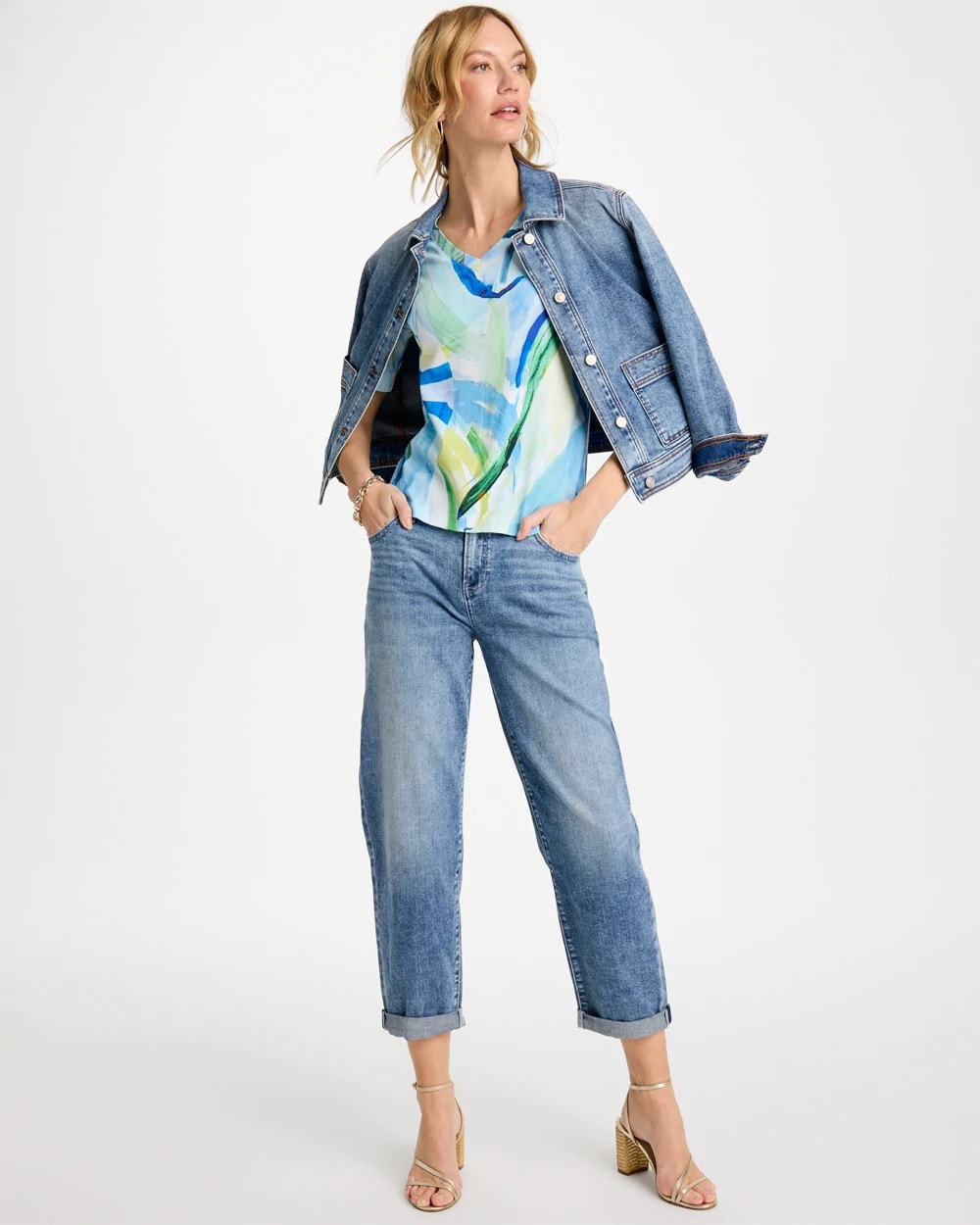 Chico's Sale Amparo Blue Printed Pima V-Neck Tee