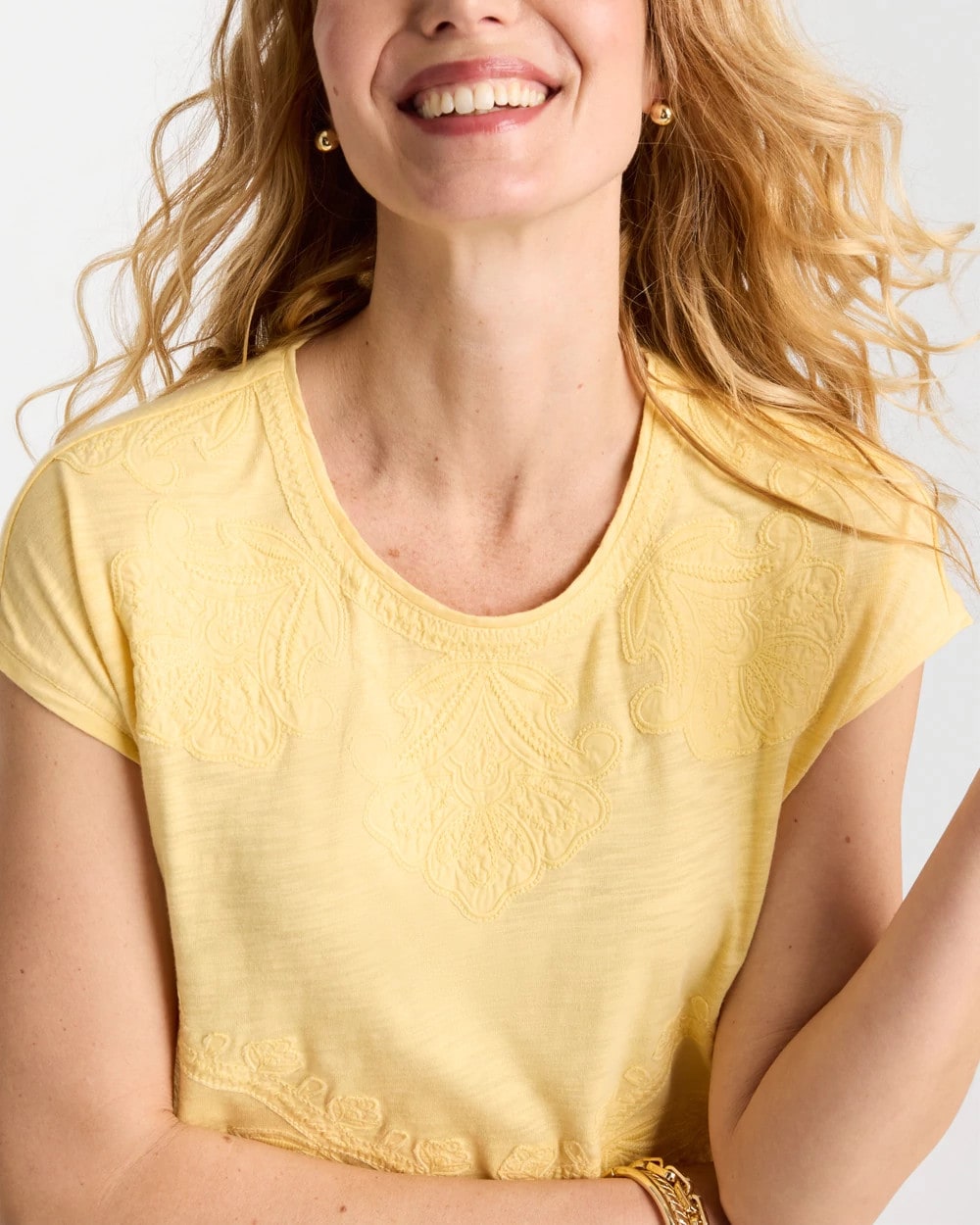 Chico's Outlet Golden Haze Monochrome Embroidered Cap-Sleeve Tee