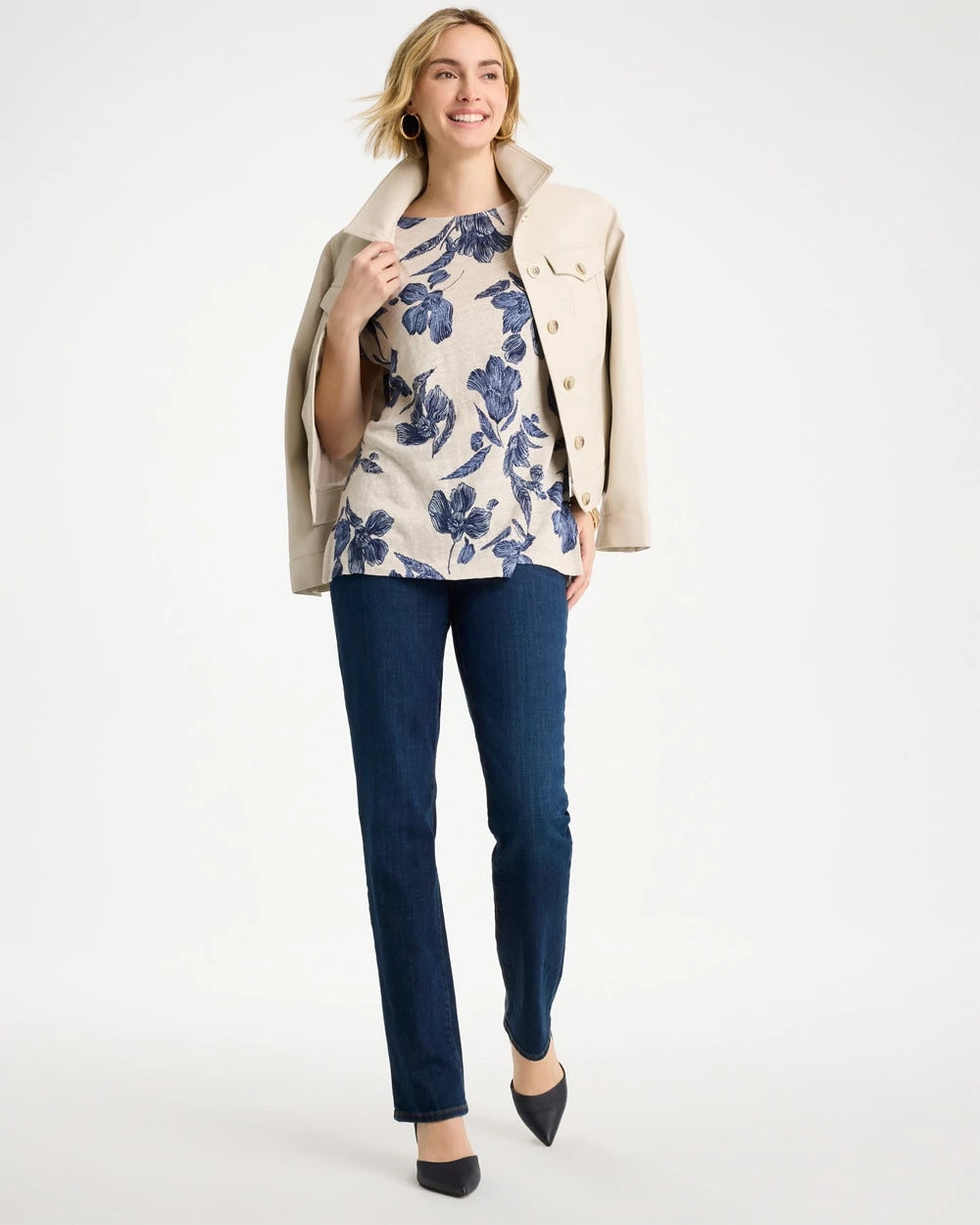 Chico's On Sale River Rock Floral Linen Dolman Tee