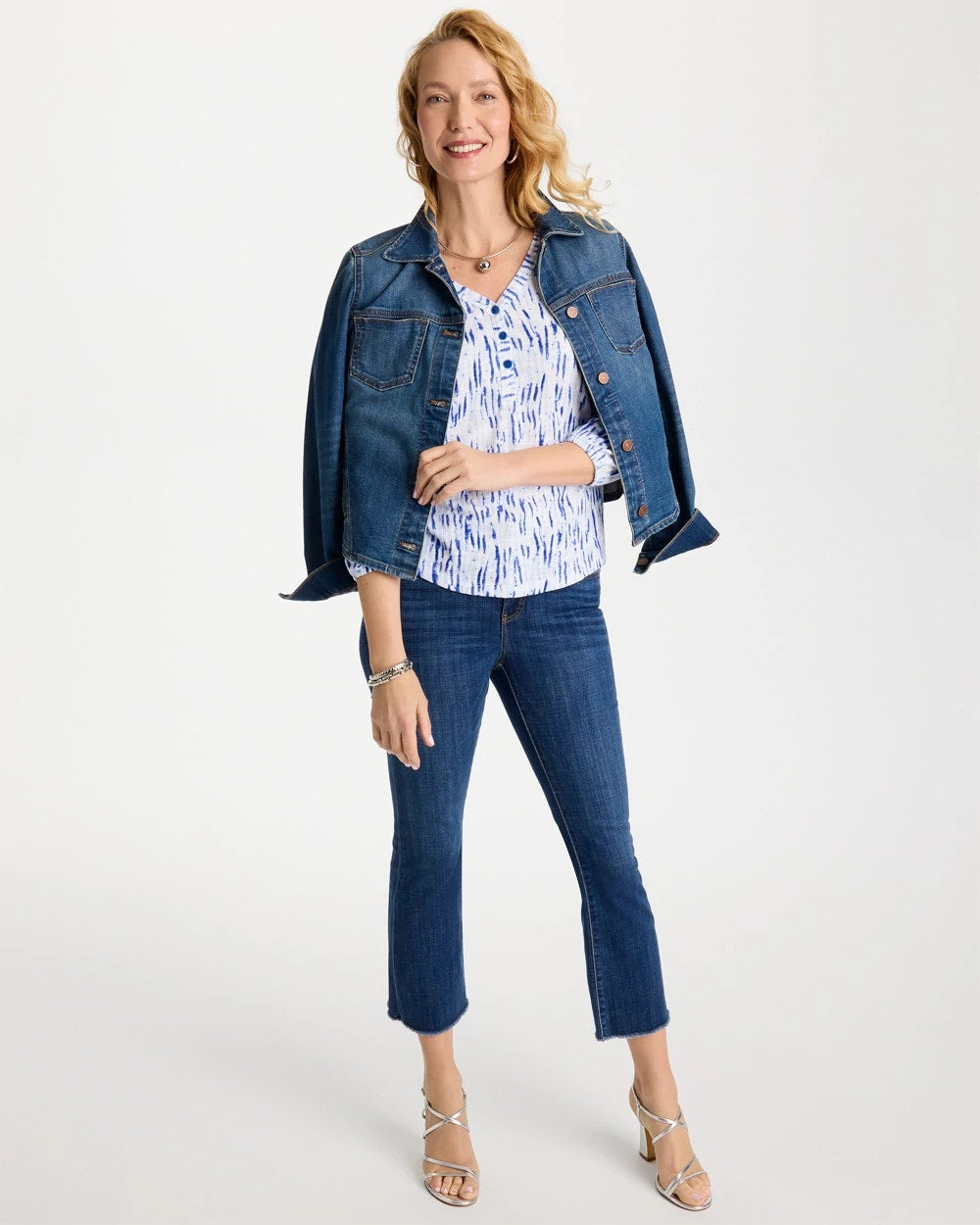 Chico's Outlet Amparo Blue Printed Puff Sleeve Slub Henley