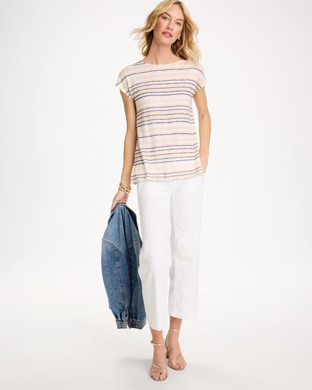 Chico's On Sale Passport Blue Striped Linen Dolman Tee