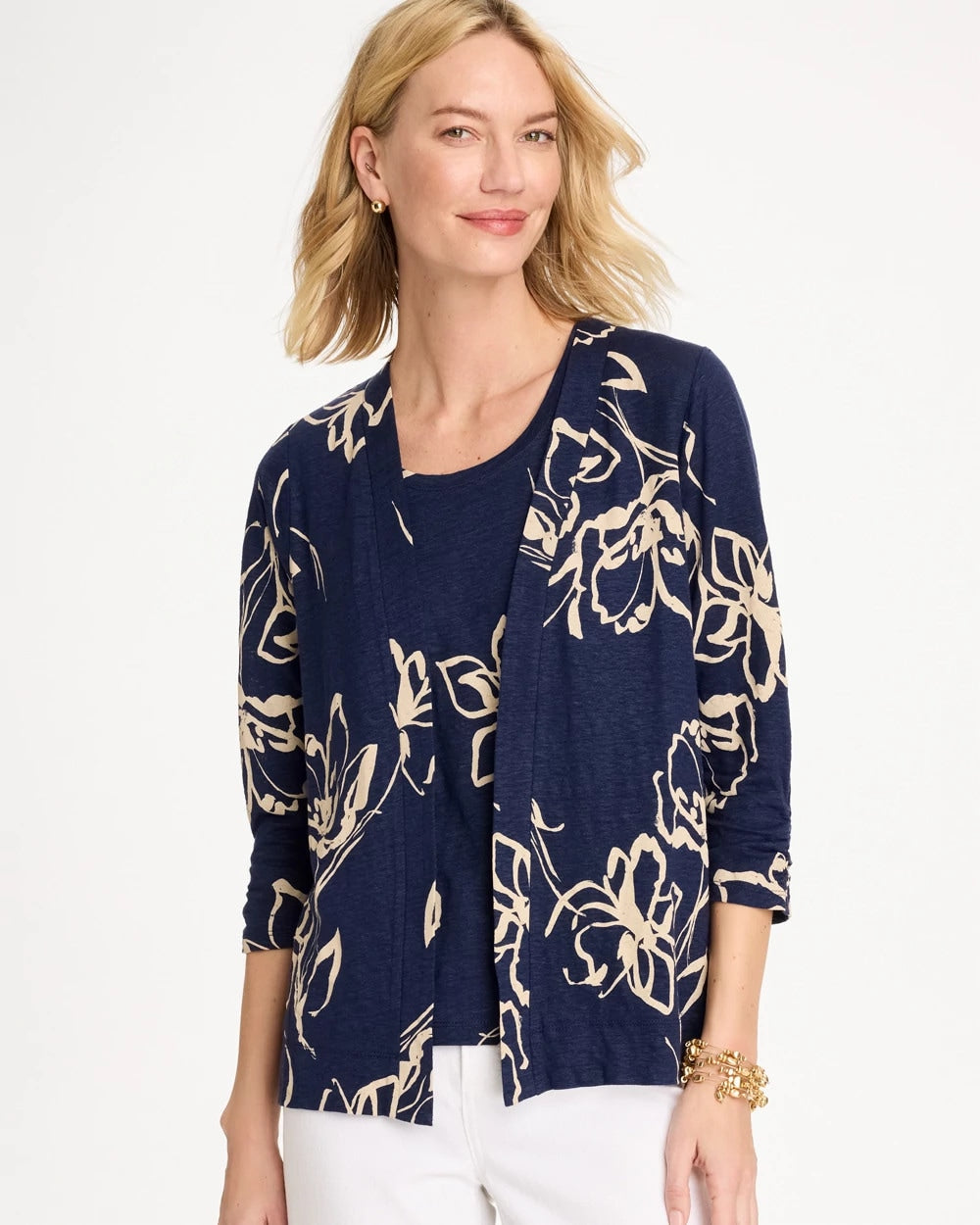 Chico's Sale Passport Blue Floral Linen Open Front Cardigan
