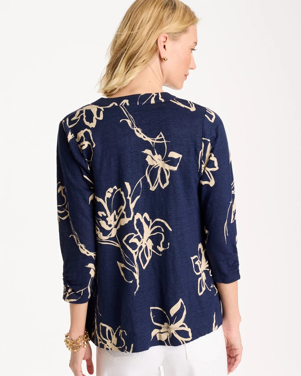 Chico's Sale Passport Blue Floral Linen Open Front Cardigan