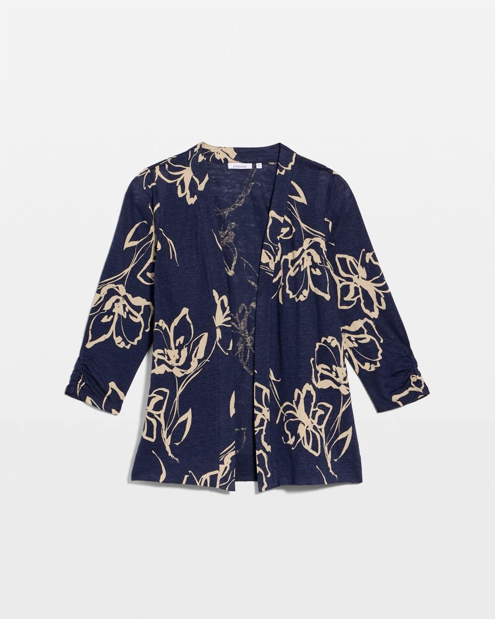 Chico's Sale Passport Blue Floral Linen Open Front Cardigan
