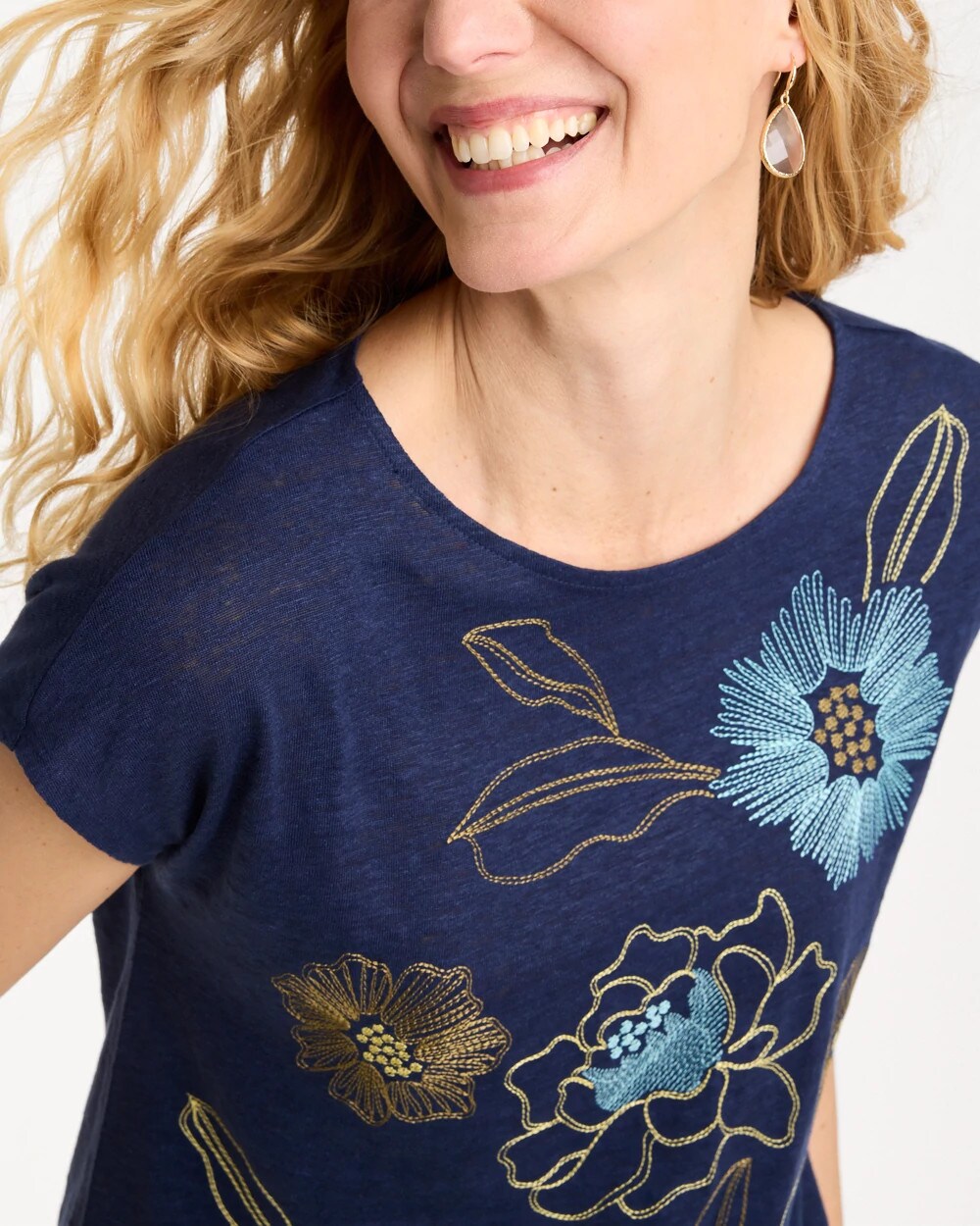 Chico's Outlet Passport Blue Embroidered Linen Dolman Tee
