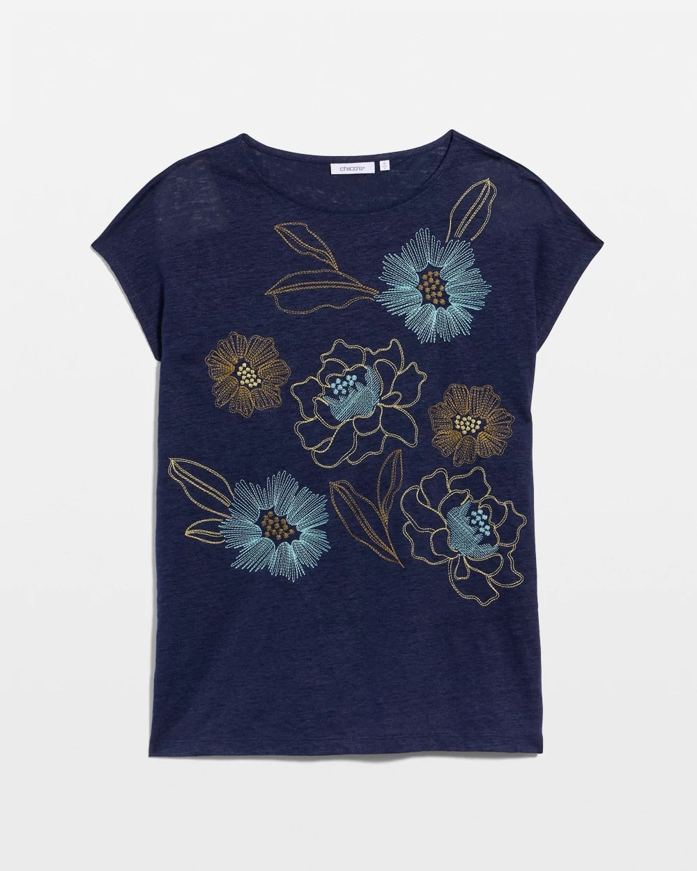 Chico's Outlet Passport Blue Embroidered Linen Dolman Tee